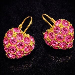 Alana Stewart vintage hot pink crystal heart leverback earrings dangle gold HSN